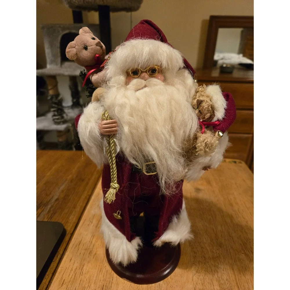 Vintage Santa‎ Claus Figurine Burgundy Robe Wooden Base Teddy Bears Christmas